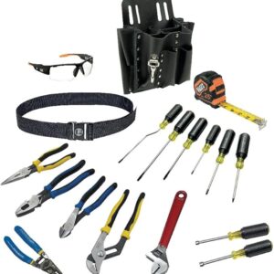 Klein Tools 80118 Electrician Tool Kit with Klein Hand Tools and Eye Protection, Comes in 10-Pocket Leather Tool Pouch, 18-Piece